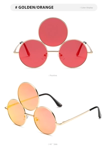 Detailansichten der goldenen Metall-Sonnenbrille mit drei runden orangefarbenen Gläsern