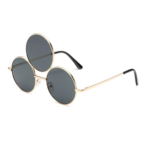 Kreative runde Sonnenbrille mit drei Gläsern, Goldmetallrahmen und dunkelgrauen Gläsern