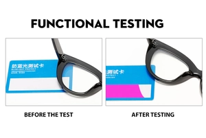 Blue light blocking test showing cat-eye glasses protecting the testing card