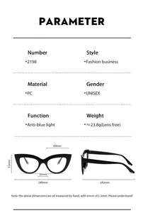 Detailed size chart for cat eye anti-blue light glasses with PC frame specifications