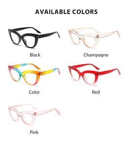 Cat-eye anti-blue light glasses shown in black, champagne, gradient, red, and pink frames
