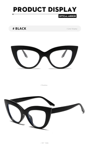Front and 45-degree side views of stylish black cat-eye thick-frame optical glasses