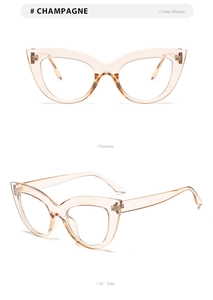 Front and 45-degree side views of champagne cat eye glasses frames on white background