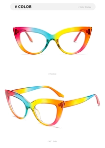 Rainbow gradient cat eye glasses frame showing front and 45 degree side perspectives
