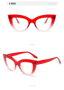 Front and side view of cat-eye anti-blue light glasses with red gradient frames