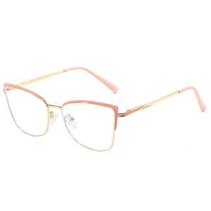 Lunettes œil-de-chat en métal doré avec détails roses, vue sous un angle de 45°