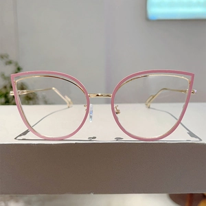 Detailed front view of pink cat-eye glasses frame with gold metal edges and nose pads