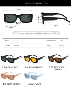 Size chart for rectangular sunglasses showing frame dimensions and technical parameters