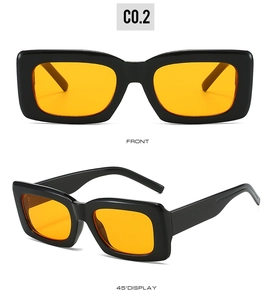 Front and side view of rectangular black frames with vibrant yellow tinted lenses