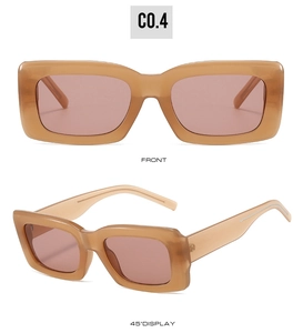 Detail view of rectangular amber tortoise sunglasses with tinted lenses, model CO.4