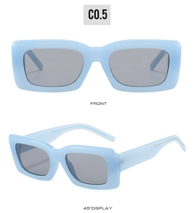 Front and 45-degree side views of light blue square frame sunglasses with grey lenses