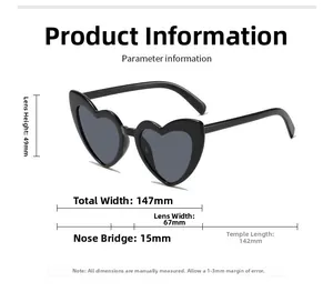 Detailed size chart of heart-shaped sunglasses with frame dimensions in millimeters