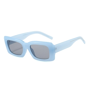 Retro light blue rectangle sunglasses with dark grey lenses and metallic temple accents