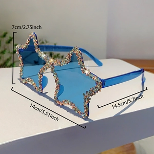 Star-shaped sunglasses with blue lenses, colorful rhinestones, and size measurements