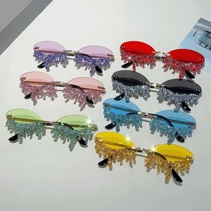 Frameless rhinestone drip sunglasses in multiple colors for trendy party and street style