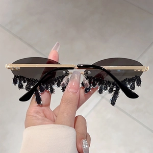Close-up of rimless sunglasses featuring grey lenses and teardrop rhinestone details