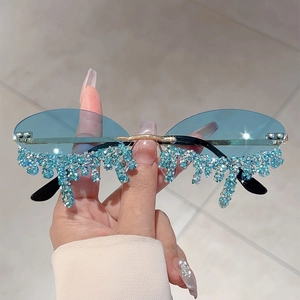 Rimless Sunglasses Women Metal Frame PC Lens Rhinestone Tassel Angel Tears Drip Y2K Trendy Party UV400 Fashion Eyewear