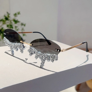Close-up of rimless sunglasses featuring grey lenses with silver rhinestone drip detail
