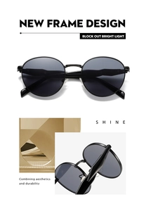 Macro view of retro round metal frame sunglasses with polarized grey lenses for sun protection