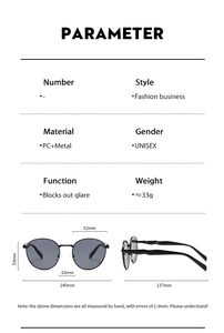 Detailed size specifications of round metal frame sunglasses with 52mm lens width