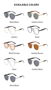 Detailed grid of round metal sunglasses in gold silver and black frames with various lenses