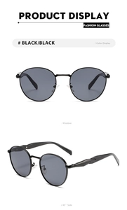 Front and side views of vintage round metal frame sunglasses in all black finish