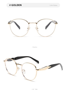 Detail view of round golden metal frame glasses from front and 45-degree angles