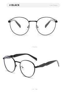 Detailed views of black round metal sunglasses with adjustable nose pads and hinges