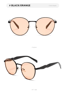 Detailed front and side views of black round metal sunglasses with orange lenses