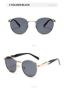 Detailed views of round golden metal frame sunglasses with dark gray lenses and black arms