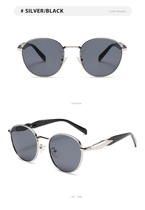 Front and 45-degree side views of silver metal round sunglasses with dark lenses