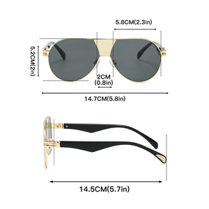 Detailed dimensions of aviator sunglasses with gold frame and UV lenses on white background