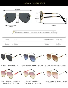 Detailed size chart and specifications for classic metal aviator sunglasses