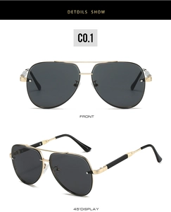 Detailed front and side view of classic pilot sunglasses with gold metal frame