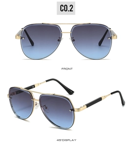 Detailed front and 45-degree views of gold metal aviator sunglasses with gradient lenses