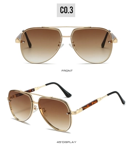 Classic aviator sunglasses with gold metal frame and brown gradient lenses display