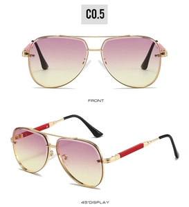 Detailed views of gold pilot sunglasses featuring purple-to-yellow gradient lenses and double bridge