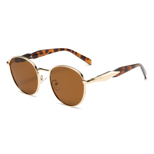 Classic round metal sunglasses with brown lenses and leopard print temples for men and women
