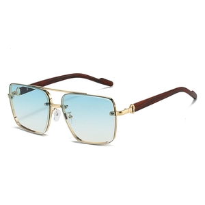 Men's double-bridge sunglasses with light blue gradient lenses and wood grain temples