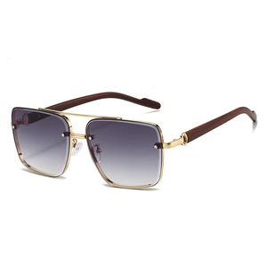 Classic men's square sunglasses with gold double bridge and brown wood grain temples