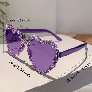 Detailed view of heart-shaped sunglasses featuring purple rhinestones and frame dimensions