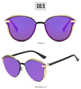 Vue de face et à 45 degrés de lunettes de soleil vintage œil-de-chat avec verres violets