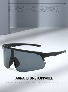 Detail of matte black sports sunglasses frame with anti-slip sweat grooves on temples