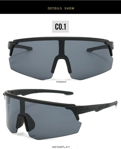 Front and 45-degree angle detail of matte black cycling sunglasses with large mirror lenses