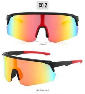 Front and 45-degree views of sports sunglasses with rainbow mirrored lenses and matte black frame