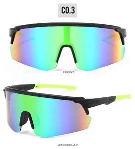 Detail view of sports sunglasses with colorful gradient lenses and fluorescent yellow tips