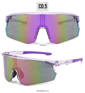 Front and 45-degree angle view of purple cycling sunglasses with rainbow lens