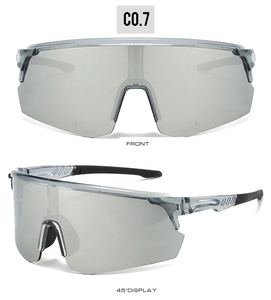 Close-up of semi-transparent grey cycling sunglasses with silver mirrored lenses in dual views