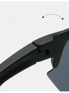 Close-up of durable matte black sports sunglasses showing the reinforced metal hinge
