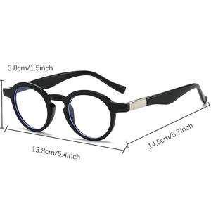 Detailed dimensions of retro round black glasses frame with size labels in cm and inch